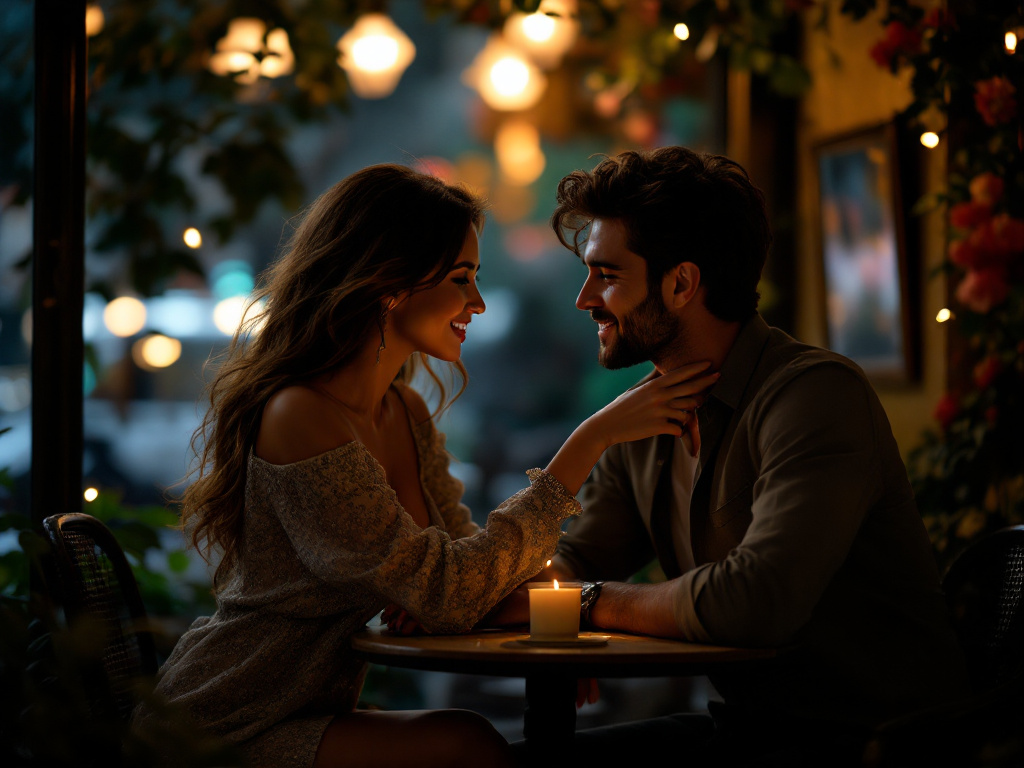 Ein schummriger, gemütlicher Café-Bereich mit zwei Personen, die an einem kleinen Tisch sitzen, ihre Körper leicht aufeinander zu gewandt und eine intime Atmosphäre schaffend. Eine Person, eine Frau mit fließendem Haar, greift sanft nach dem Arm des Mannes gegenüber, ihre Finger streifen kaum seine Haut und entfachen einen Moment der Verbindung. Der Gesichtsausdruck des Mannes ist voller Neugier und Wärme, mit einem Hauch von Lächeln. Weiches, ambientes Licht wirft einen warmen Schein über die Szene und hebt ihre Hände und Gesichter hervor, während verschwommene, romantische Details des Cafés – wie flackernde Kerzen und üppiges Grün – die Stimmung verstärken. Die Komposition hebt die subtile Spannung und Chemie zwischen den beiden hervor und fängt die Essenz von Flirten und Erwartung ein.