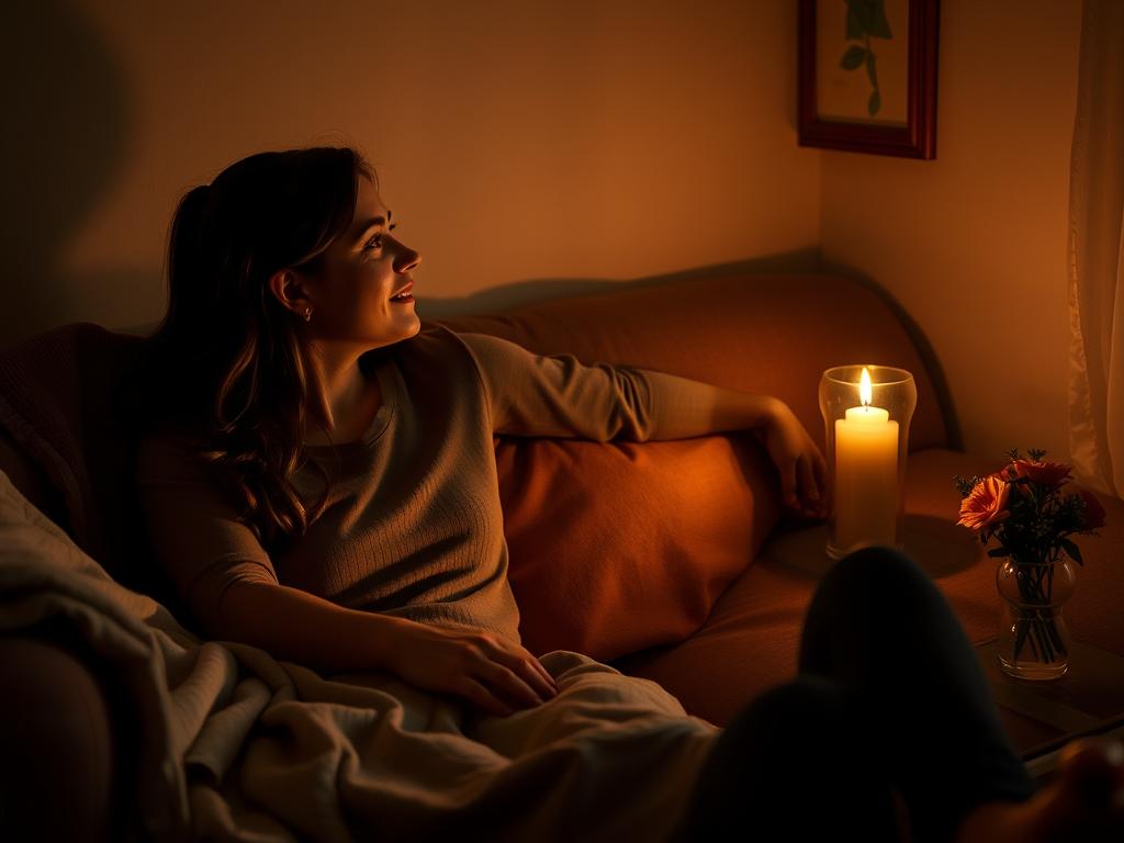 Ein ruhiger, intimer Raum mit zwei Personen, die nahe beieinander in einem sanft beleuchteten Zimmer sitzen, umgeben von warmen, einladenden Farben. Eine Person schaut nachdenklich zur anderen, deren Ausdruck Offenheit und Verletzlichkeit zeigt. Ihre Körpersprache deutet auf eine tiefe emotionale Bindung hin, wobei eine Hand sanft auf dem Knie des anderen ruht und Verbindung und Unterstützung symbolisiert. Subtile Details wie eine gemütliche Decke über der Couch, eine flackernde Kerze, die sanfte Schatten wirft, und ein kleines Blumenbouquet in der Nähe steigern die Atmosphäre von Wärme und Intimität. Die gesamte Stimmung ist zärtlich und aufrichtig und fängt die Essenz emotionaler Verbindung und der Stärke in der Verletzlichkeit ein.