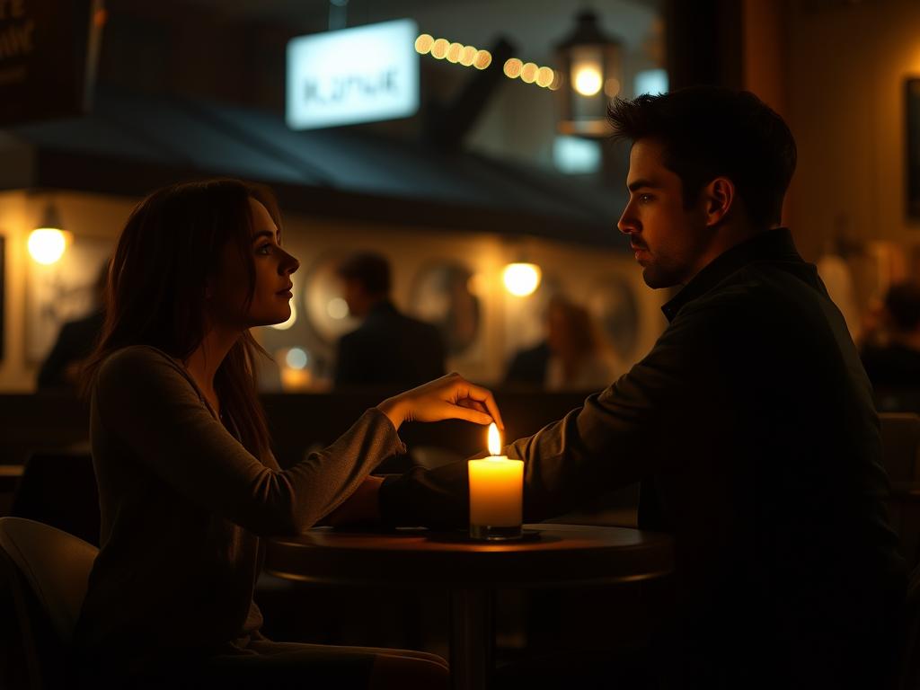 Ein gemütlicher, schummriger Café-Bereich am Abend, in dem zwei Personen (eine Frau und ein Mann) an einem kleinen, runden Tisch mit einer flackernden Kerze sitzen. Die Szene fängt einen Moment der Verbindung ein, als eine Person leicht den Arm der anderen mit ihren Fingerspitzen streift und Wärme und Intimität vermittelt. Sanfte, warme Töne dominieren die Atmosphäre, während Schatten um sie tanzen und die Nähe und Spannung in der Luft betonen. Der Hintergrund zeigt verschwommene Silhouetten anderer Gäste, was einen einladenden, aber intimen Raum schafft. Die Komposition hebt das subtile Zusammenspiel von Körpersprache und der elektrischen Spannung im Moment hervor, mit einem sanften Fokus auf ihre Ausdrücke, die Neugier und Verlangen andeuten.