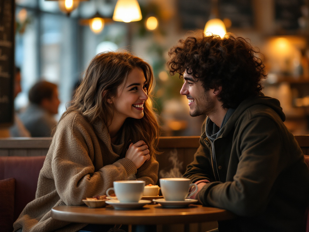 Ein gemütlicher, intimer Café-Bereich mit zwei jungen Erwachsenen, die sich spielerisch unterhalten. Die Szene fängt eine warme Atmosphäre ein, mit sanftem Licht, das ihre lächelnden Gesichter erhellt. Eine Person mit hellbraunem Haar lehnt sich spielerisch zur anderen, die lockiges, dunkles Haar hat, und hebt verschnörkelt einen Augenbraue in scheinbarem Eifersucht. Sie sitzen an einem kleinen Tisch, der mit zwei dampfenden Tassen Kaffee und einem gemeinsamen Dessert bedeckt ist, was dem Moment eine süße Note verleiht. Der Hintergrund zeigt verschwommene Gäste und ein Menü auf einer Tafel und schafft eine lebhafte, aber intime Atmosphäre. Ihre Körpersprache ist entspannt und einladend, vermittelt ein Gefühl von Spaß und Verbindung, während subtile Berührungen und Lachen die Stimmung des Flirtens verstärken.