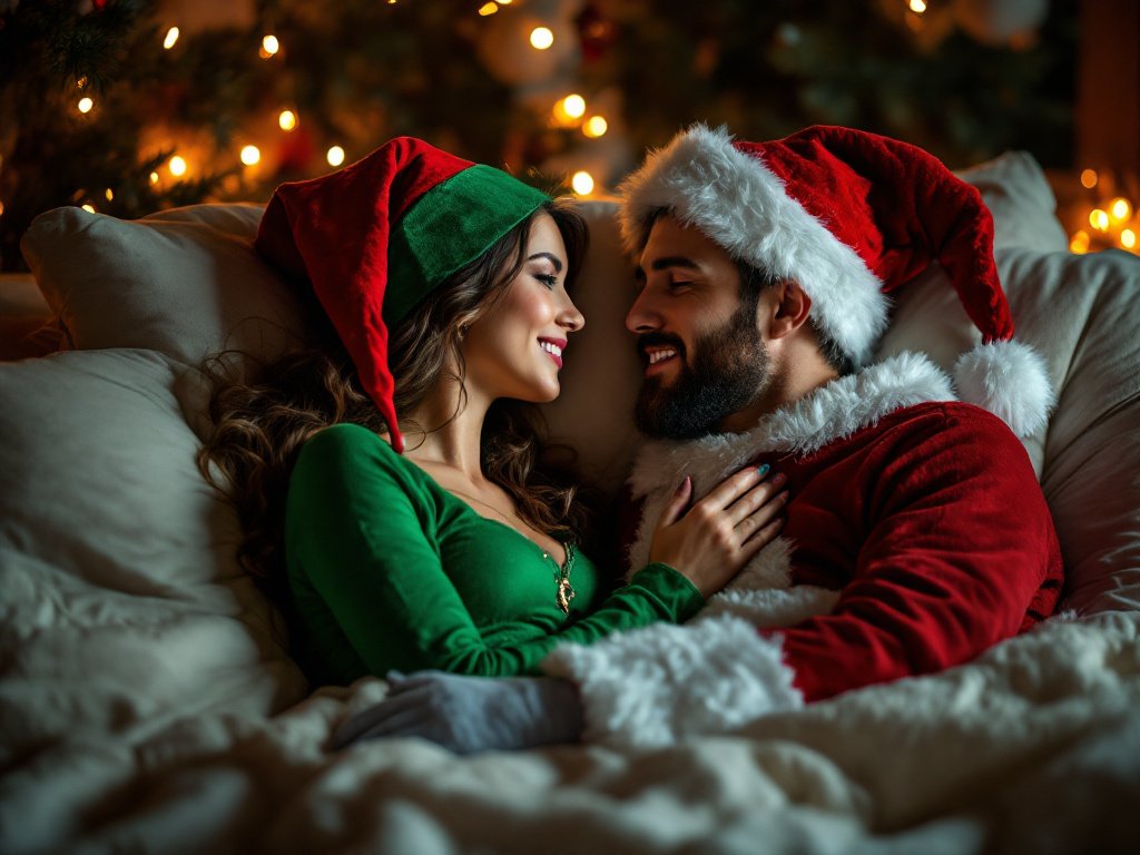 junges schönes Paar schaut sich leidenschaftlich an. Frau trägt grünes Elfenkostüm, Mann in rotem Santa-Claus-Kostüm im Bett, gemütliche Atmosphäre