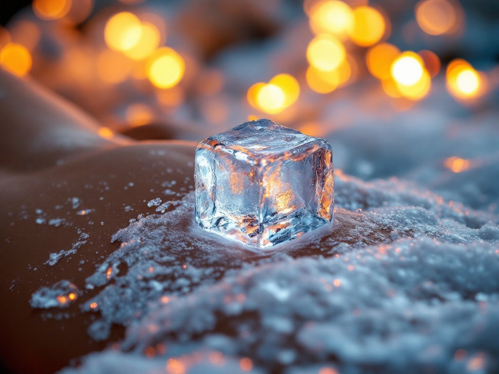 Eiswürfel liegt auf der Hüfte einer Frau, beginnt zu schmelzen, warme Lichter im Hintergrund