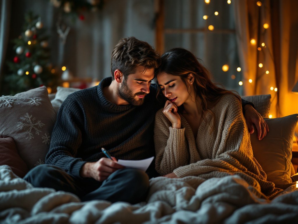 Schönes Paar sitzt auf einem Bett, der Mann hält eine Liste und einen Stift in der Hand, Weihnachtsatmosphäre, die Frau wartet verzweifelt auf seine Entscheidung