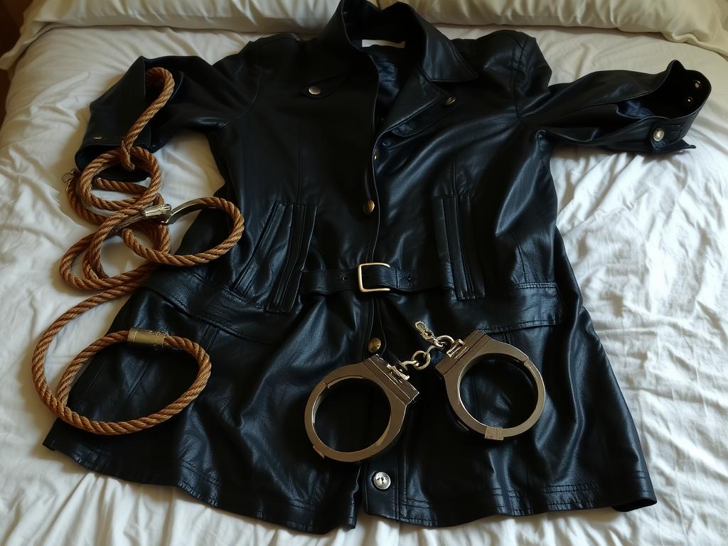 Lederbekleidung, Seile, Handschellen auf dem Bett