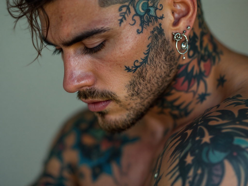 Nahaufnahme eines männlichen sexy Körpers mit Tattoos und Piercings