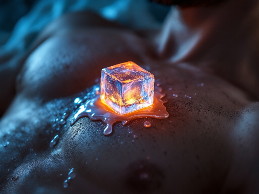 kleiner schmelzender Eiswürfel auf sexy männlicher Brust, Kerl liegt