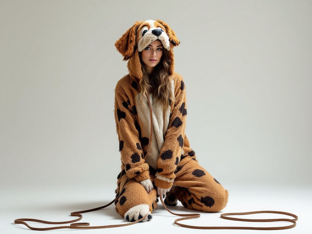 Frau in einem Hundekostüm an der Leine auf ihren Knien