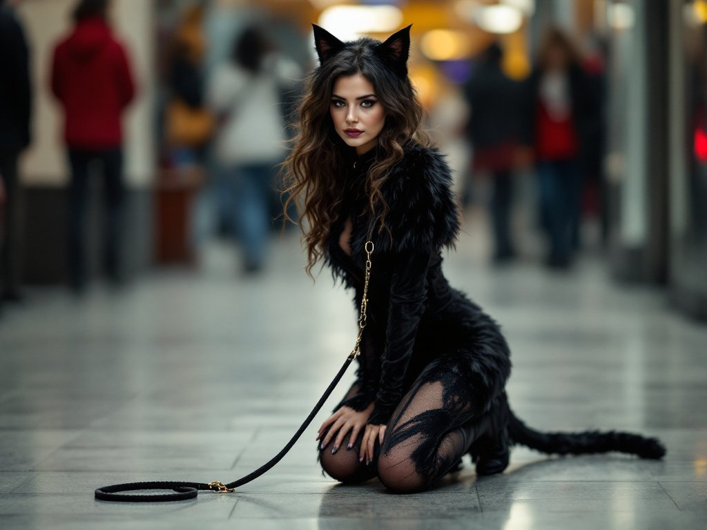 Frau in einem schwarzen Katzenkostüm an der Leine auf ihren Knien