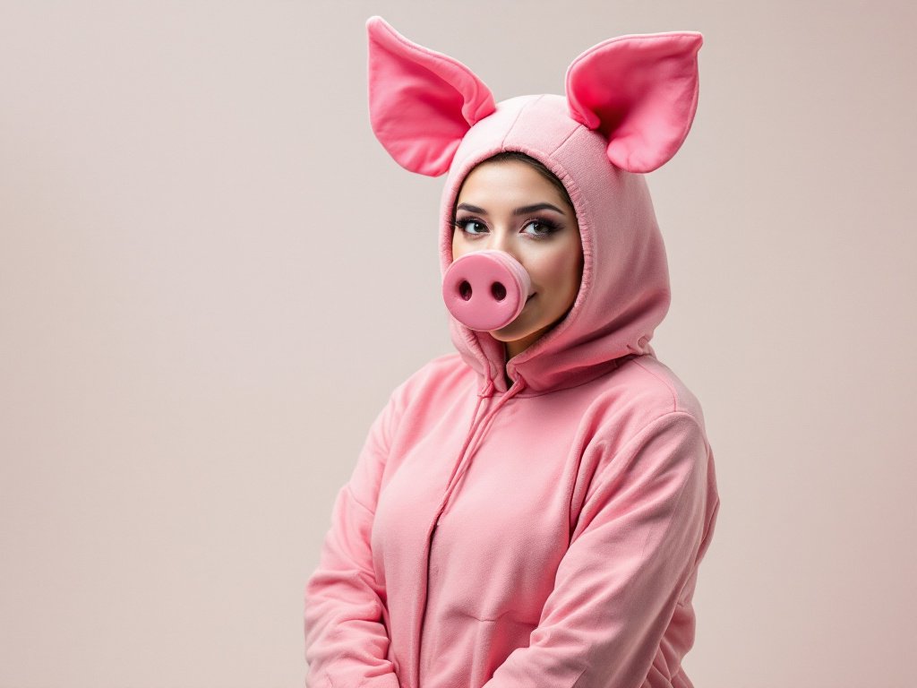 Frau in einem Schweinkostüm