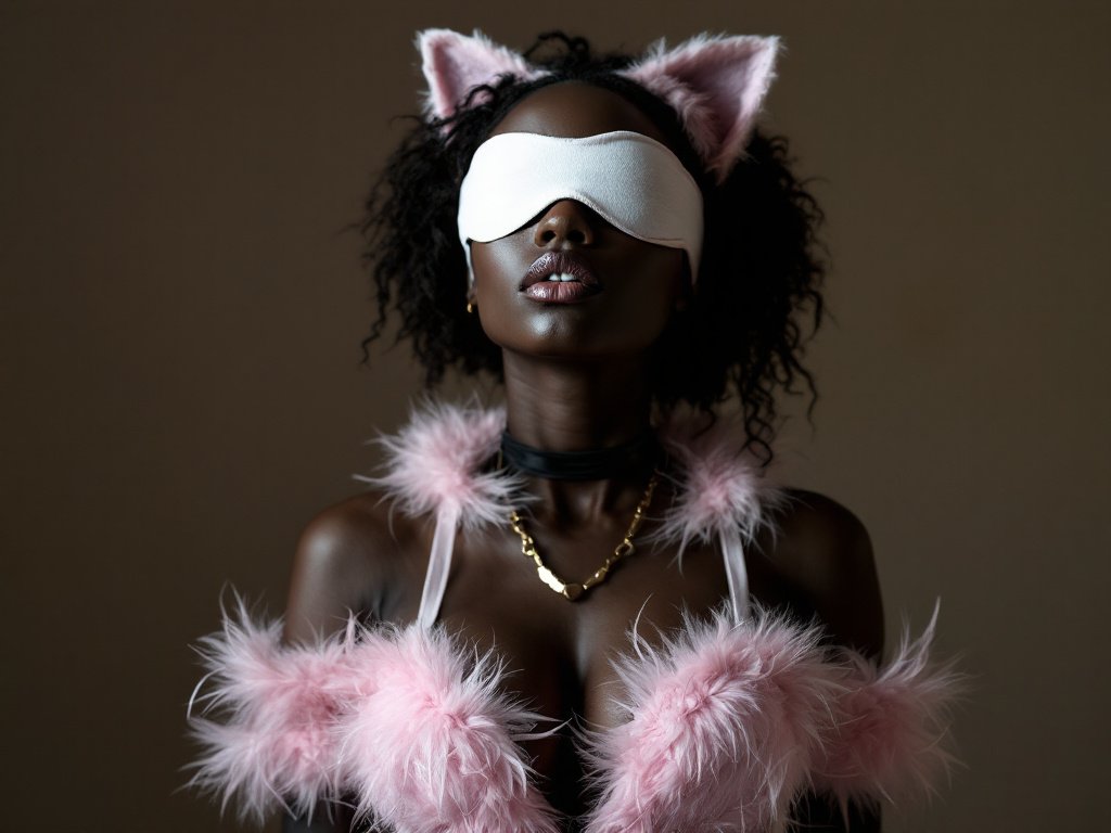 ebony Frau im Sex-Kätzchen-Kostüm mit einem Augenbinde, die steht und auf Aktionen wartet