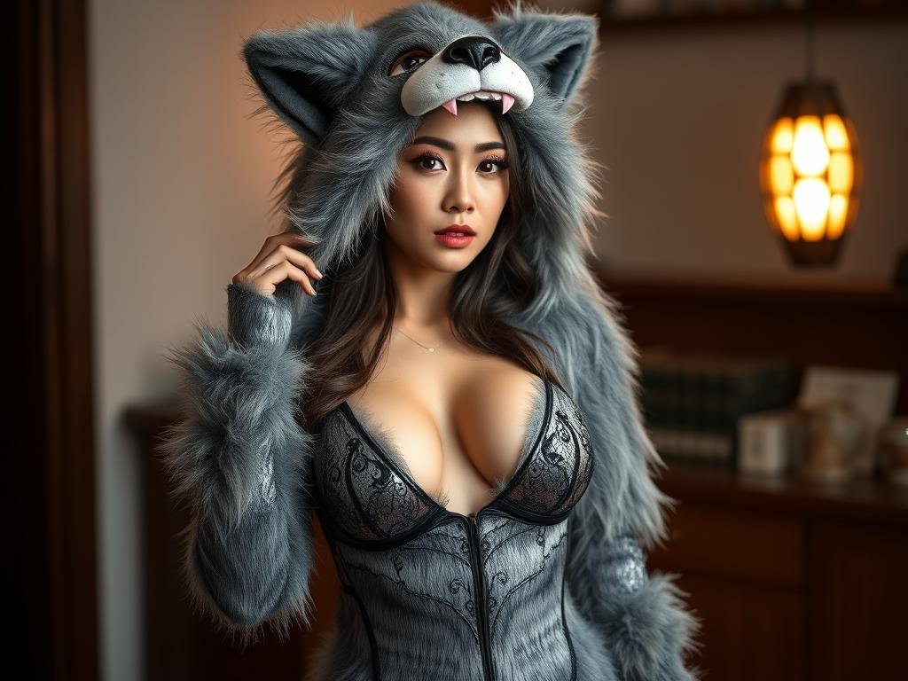Asiatische Frau im sexy Wolfskostüm
